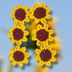3 Three Yellow Seed Beaded Sunflower Dangle 3.1" L Earrings FREE SHIP - 2 Items
